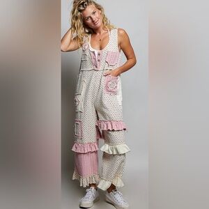 POL Cream Floral Wide-Leg Jumpsuit with Pink Ruffle Patch Details